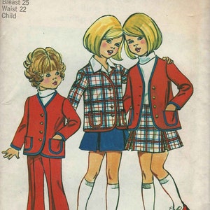 May include: A vintage Simplicity sewing pattern for children's clothing. The pattern shows three children wearing plaid and solid red jackets and skirts. The pattern number is 5278 and the price is 85 pence.