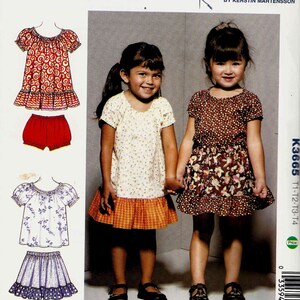 May include: A sewing pattern for toddlers featuring two girls wearing dresses. The pattern is called "Kwik Sew" and the pattern number is "K3665". The pattern includes sizes T1-T4.