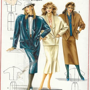 May include: A vintage sewing pattern showing three women in different suit designs. The suits include a teal leather-look suit with a blazer and pencil skirt, a cream-coloured suit with a double-breasted blazer and a skirt, and a brown suit with a blazer and skirt.