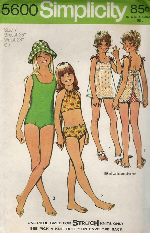 Simplicity 5600 Girls Set of Bathing Suits One Piece Bikini Halter Bra/apron  Pinafore Style Size 7 Breast 26 C1973 Uncut Sewing Pattern 