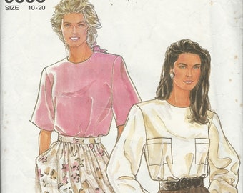 Simplicity 9838 Pullover top round neck back button loop short or long cuffed sleeves pockets Size 10-12-14-16-18-20 uncut sewing pattern