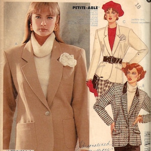 May include: A sewing pattern for a jacket, featuring three different styles. The pattern is for misses sizes and is marked "Petite-Able". The pattern includes instructions for personalised fitting.
