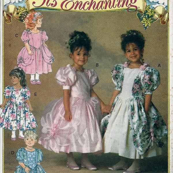 Butterick 6428 Girls dress princess seams gathered skirt ruched overskirt roses bows short puff sleeves flowergirl wedding Size 5-6-6X uncut