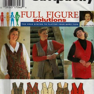 May include: A sewing pattern for a vest with different fabric options. The pattern is for a full figure and includes instructions for different styles. The pattern is by Simplicity and is called "Full Figure Solutions".