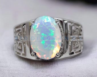 Men's Sterling Silver Opal Ring, Natural Fire Stone Band, October Birthstone Jewelry