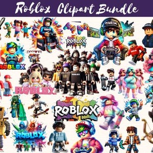 May include: A collection of colorful Roblox character clipart. The images feature various avatars, logos, and gaming elements. The text "Roblox Clipart Bundle" is displayed at the top of the image.