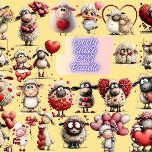 Könnte beinhalten: Eine Sammlung von Cartoon-Schaf-Illustrationen, jede mit einzigartigen Designs und Ausdrücken. Viele Schafe zeigen Herzen, Blumen und Luftballons, mit einem Text-Overlay, das "Lovely Sheep SVG Bundle" lautet. Der Hintergrund ist einfarbig gelb.
