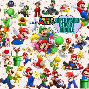 Puede incluir: Una colección colorida de personajes y elementos de Super Mario Bros. La imagen incluye a Mario, Luigi, Yoshi, la Princesa Peach y otros personajes, junto con monedas, estrellas y una tubería verde. También está presente el texto "Super Mario Clipart Bundle".