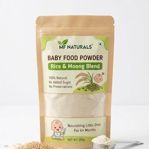 May include: A package of MF Naturals Baby Food Powder, Rice & Moong Blend. The package is brown and green, with text indicating it's 100% natural, with no added sugar or preservatives. A small scoop of powder and some moong beans are next to the package.