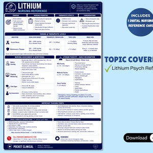 May include: A blue and white nursing reference card titled "Lithium" with detailed information on dosing, therapeutic effects, and toxicity. Includes a digital nursing reference card. The topic covered is Lithium Psych Reference.