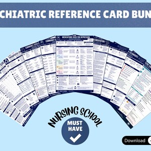 May include: A bundle of psychiatric reference cards fanned out against a light blue backdrop. The cards feature text and graphics, with titles including "Depression Scre", "Therapeutic Con", and "Medications Used for Depression". The text "Psychiatric Reference Card Bundle" is at the top.