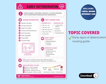 Tarjeta de referencia de enfermería para el deterioro temprano, signos vitales e intervenciones (descarga digital)