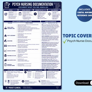 May include: A blue and white document titled "Psych Nursing Documentation" with detailed guidelines, example documentation, and a digital reference card. The document covers topics relevant to psychiatric nursing.