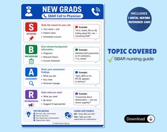 Tarjeta de referencia de comunicación en enfermería SBAR, guía para enfermeras recién graduadas (PDF digital)