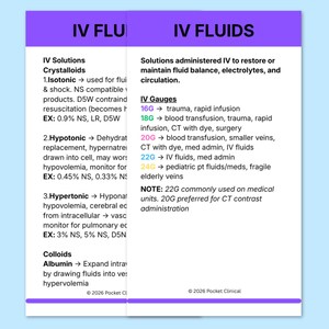 Puede incluir: Una hoja de referencia médica con el título "IV Fluids" en un encabezado morado. Enumera soluciones intravenosas, calibres y sus usos. El texto es negro sobre un fondo blanco.