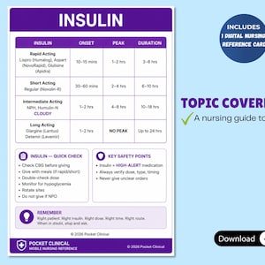 May include: A purple and white reference card titled "INSULIN" with a table detailing insulin types, onset, peak, and duration. Includes a quick check and key safety points. A nursing guide to insulin.