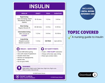 Ficha de referencia de enfermería sobre insulina, tabla de inicio, pico y duración (descarga digital)