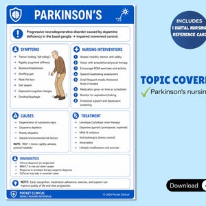 Parkinson's Nursing Reference Card, Symptoms, Causes, Interventions (Digital Download)
