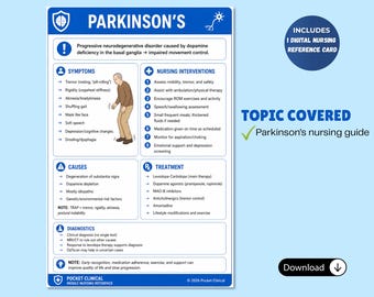 Ficha de referencia de enfermería sobre la enfermedad de Parkinson: síntomas, causas e intervenciones (descarga digital)