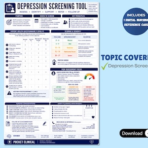 May include: A blue and white depression screening tool with text including "Assess, Identify, Support, Refer, Follow Up." The tool includes a patient health questionnaire, scoring, and risk assessment focus. It also includes a digital nursing reference card.
