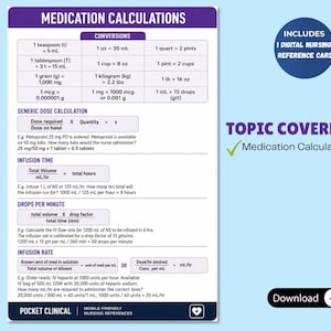 Puede incluir: Una tarjeta de referencia con fórmulas y conversiones de cálculo de medicamentos. La tarjeta incluye secciones sobre cálculo de dosis genéricas, tiempo de infusión, gotas por minuto y velocidad de infusión. Texto en negro y morado sobre fondo blanco.