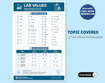 Tarjeta de referencia de valores de laboratorio de enfermería, hoja de trucos para estudiantes de enfermería (descarga digital)