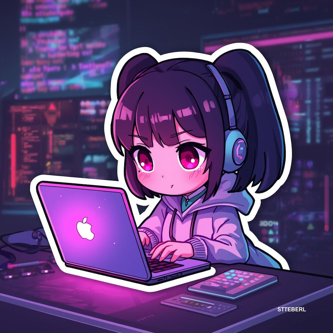 Chibi Programmer Girl Art: Coding Late Night, Neon Glow | Instant ...