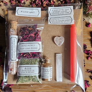 Love Spell Kit - Red Candle, Rose Quartz & Herbs for Romance