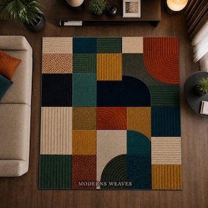 Modern Geometric Patchwork Hand Tufted Wool Carpet Multicolor Textured Design