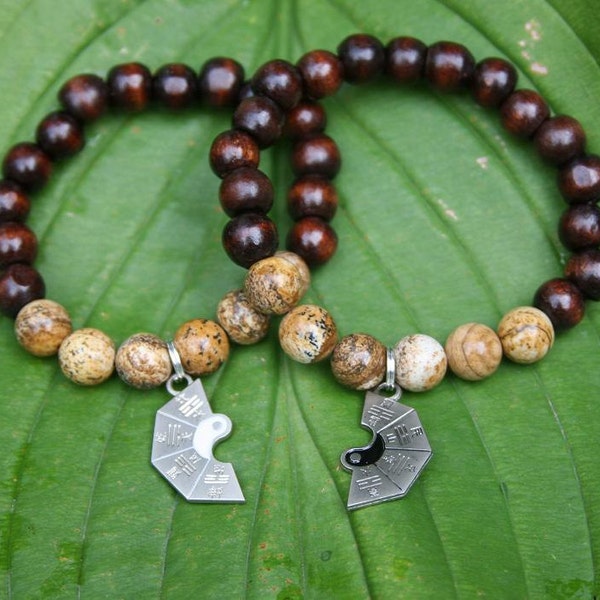His and Hers His and His Hers and Hers Yogi inspired Buddha bracelet with wood beads, jasper, puzzle piece yin yang charms for men or women