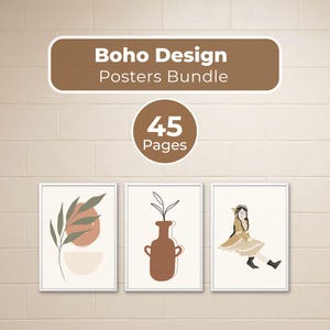 Puede incluir: Un conjunto de carteles de Diseño Boho. La imagen muestra tres impresiones artísticas enmarcadas con diseños minimalistas en tonos neutros. La parte superior de la imagen tiene el texto "Boho Design Posters Bundle" y un círculo con el texto "45 Pages".