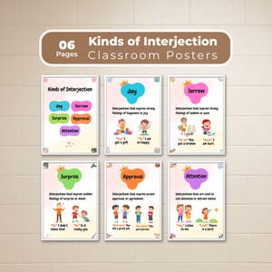 Könnte beinhalten: Ein Satz von sechs Klassenzimmerpostern zum Thema Interjektionen. Jedes Poster zeigt eine andere Art von Interjektion: Freude, Trauer, Überraschung, Zustimmung und Aufmerksamkeit. Die Poster haben farbenfrohe Illustrationen und Beispiele.