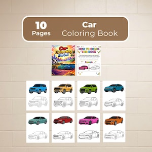May include: A car coloring book with 10 pages. The cover features colorful race cars. Inside, there are illustrations of various cars to color, including SUVs and sedans. The image also shows a page with coloring examples.