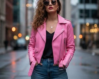 Women’s Pink Leather Bomber Jacket – Classic Zip Front with Ribbed Cuffs & Flap Pockets