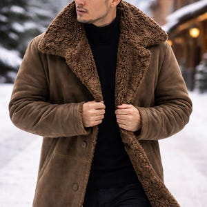 Men’s Vintage Brown Shearling Long Coat – Premium Suede Winter Fur Lined Jacket