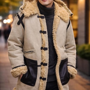 Men’s Beige Shearling Hooded Coat – Winter Suede Jacket with Leather Patch Details (Back View)