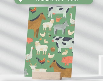 Tarjeta para amantes de los animales, tarjeta de felicitación con animales de granja, vaca, caballo, pato, pollo, cerdo, oveja, cabra, plantilla de tarjeta plegable, tarjeta de cumpleaños imprimible, pdf png