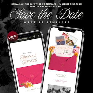 Summer Wedding Save the Date Invitation Website Template with Rsvp Editable Bright Pink Yellow Orange Canva Template Digital Invite