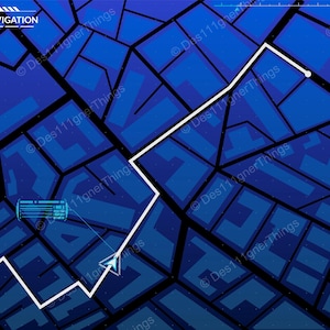 May include: A digital city map navigation interface featuring a dark blue grid of streets with black outlines. A white path line connects two points, marked by a light blue navigation arrow. Includes a radar circle and the text CITY MAP NAVIGATION.