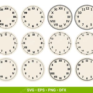 Puede incluir: Una colección de doce esferas de reloj circulares dispuestas en una cuadrícula. Cada esfera presenta un fondo color crema con marcas negras, mostrando números arábigos del 1 al 12 o números romanos del I al XII en varios estilos.