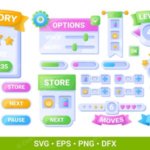 Puede incluir: Una colección de elementos coloridos de interfaz de usuario para juegos, incluyendo botones, pancartas y barras de progreso. Incluye etiquetas de texto como VICTORY, OPTIONS, STORE, LEVEL 4 y MOVES, junto con iconos de estrellas y deslizadores.