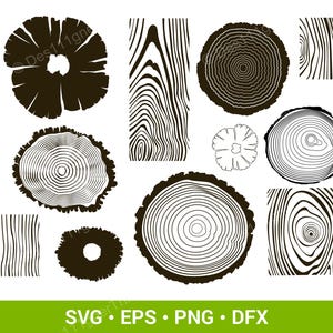 May include: A collection of black and white vector illustrations featuring various wood grain patterns, including circular tree ring cross-sections and rectangular planks with linear wood textures, arranged on a plain white background.