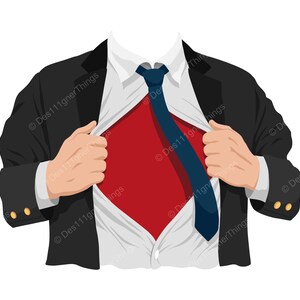 Op de afbeelding: Een zwarte blazer met gouden knopen gedragen over een wit overhemd en een donkerblauwe stropdas. Het overhemd is opengetrokken om een effen rode achtergrond eronder te onthullen, wat doet denken aan de onthulling van een superheldenkostuum.