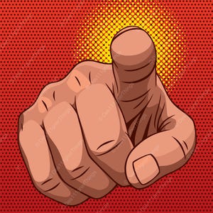 May include: A pop art style illustration of a hand pointing forward with an extended index finger. The hand features bold black outlines and tan skin tones. The background consists of a red field with a yellow halftone dot pattern.