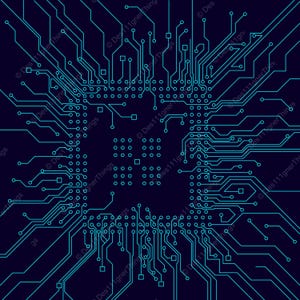 May include: A digital illustration of a dark blue circuit board featuring a central square grid of connection points surrounded by intricate light blue lines and nodes that radiate outward toward the edges of the square composition.