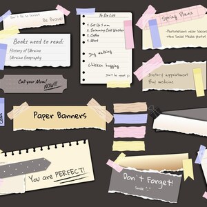 Op de afbeelding: Een verzameling gescheurde papieren notities en banners, vastgeplakt op een donkere achtergrond. De notities bevatten handgeschreven lijsten, herinneringen en zinnen als "Paper Banners" en "You are PERFECT!" Verschillende kleuren tape en papier worden gebruikt.