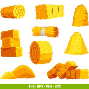 Puede incluir: Una colección de ilustraciones de heno amarillo y naranja que incluye pacas redondas, pacas rectangulares atadas con cuerda, un fardo atado con cordel blanco, almiares cónicos y montones de heno suelto en varias formaciones sobre fondo blanco.