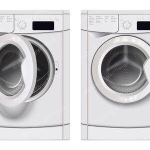 May include: Two white front-loading washing machines. The left unit features an open circular door, while the right unit has a closed door. Both machines include a top control panel with a central dial, a digital display, and various settings.