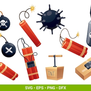 Pode incluir: Uma coleção de explosivos em estilo cartoon, incluindo bastões de dinamite, bombas com caveiras e um detonador TNT. A imagem apresenta uma variedade de formas e tamanhos, com esquemas de cores vermelho, preto e castanho.