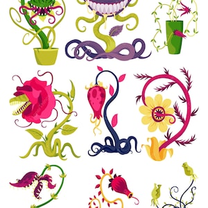 Peut inclure: Une collection de neuf illustrations de plantes carnivores stylisées présentant diverses formes, notamment des gueules dentées, des vignes sinueuses et des couleurs vives comme le violet, le rose, le jaune et le vert. Chaque plante a des tiges uniques.